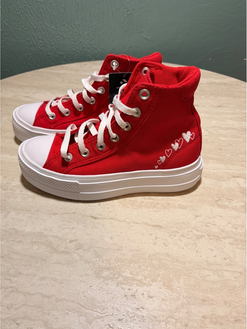 Size 6 Converse Girls' Red High-Top Platform Sneakers with Heart Detail Size 6